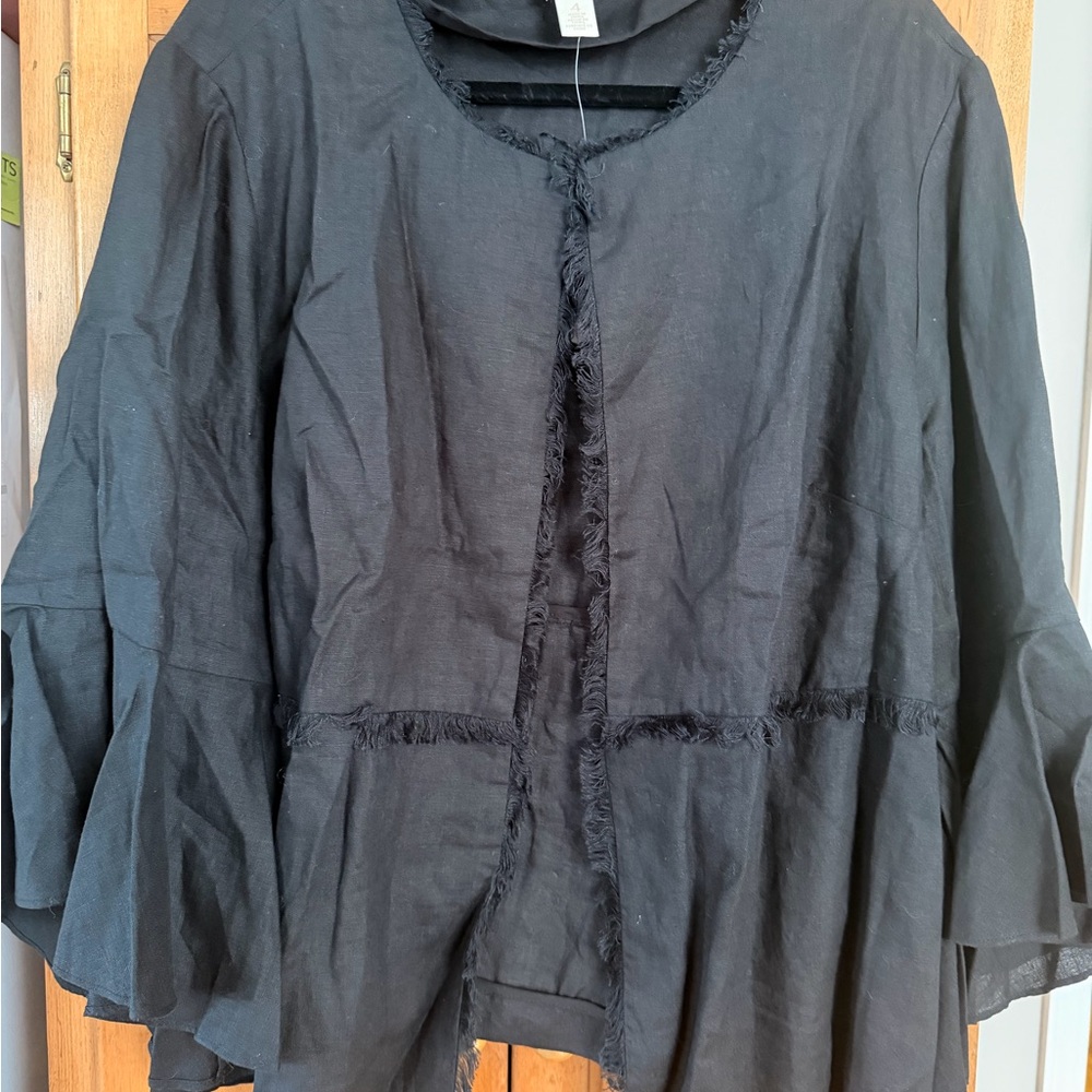 Chico's Linen Black Fringe Trim Bell-Sleeve Jacket - Picture 9 of 16